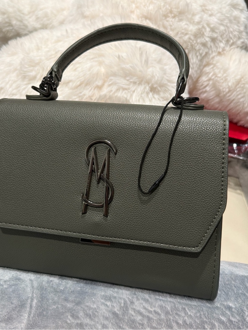 Steve Madden Gray Pebbled Top-Handle Satchel with Metal Monogram